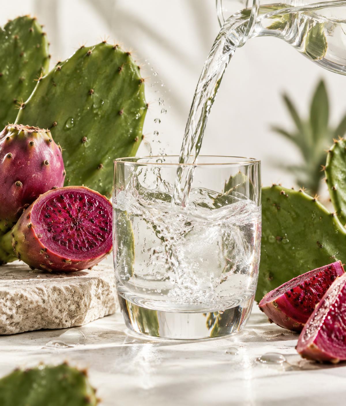 Crystal clear water poured beside prickly pear cactus fruit